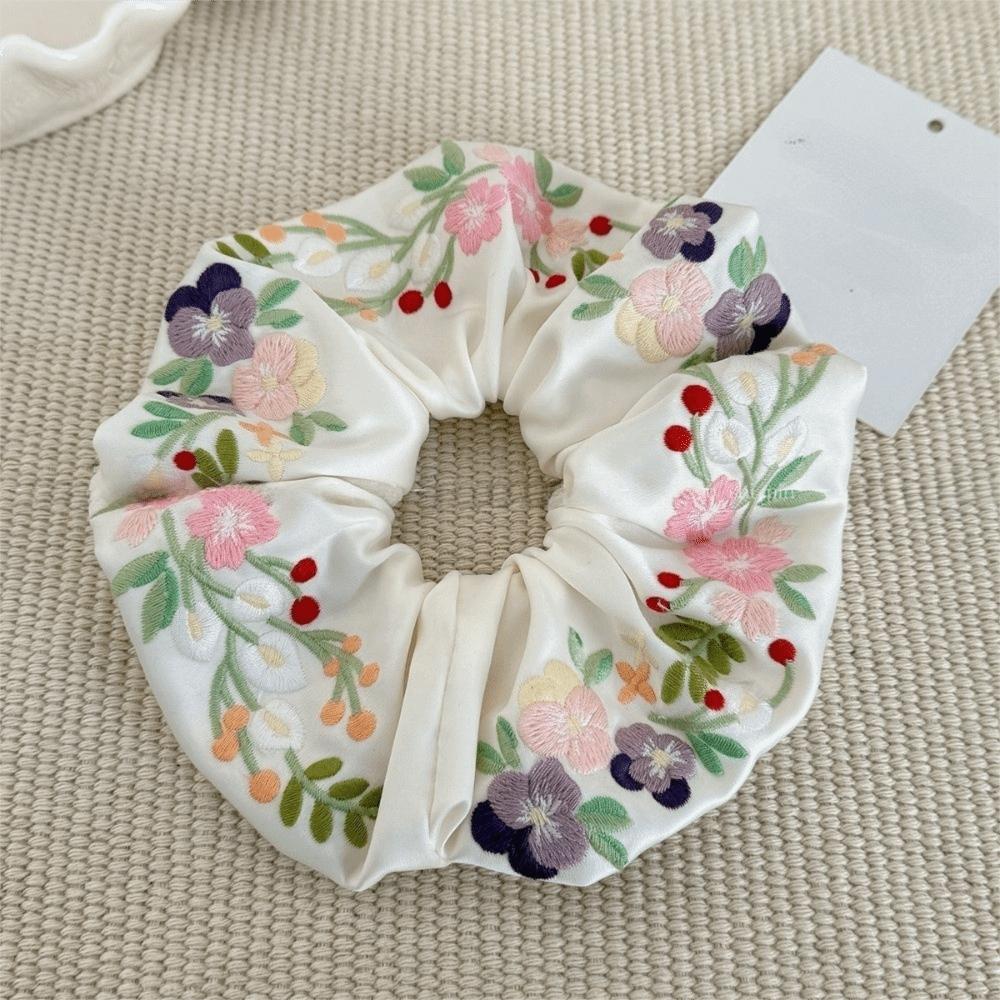 French Style Floral Scrunchies Satin Hair Ropes Temperament Embroidery Hair Scrunchies  Daily