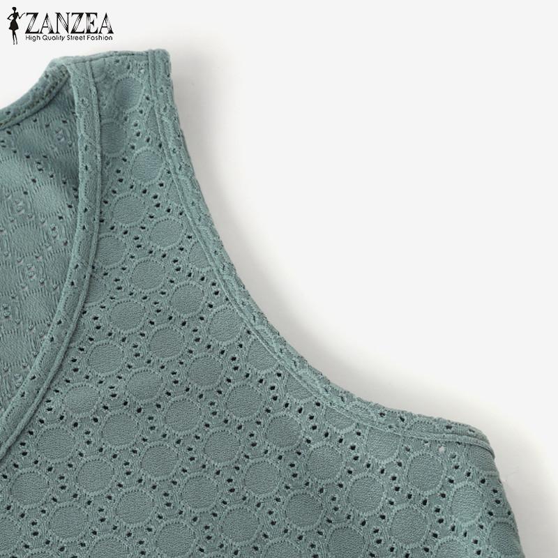 ZANZEA Women Summer V-Neck Sleeveless Solid Hollow Crochet Tank Tops