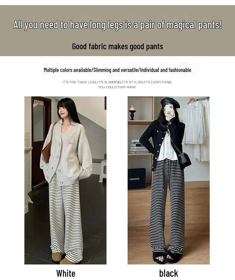 Women's Petite High-Waisted Black & White Striped Wide-Leg Pants - Autumn/Winter Casual Loose Fit with Plus Velvet