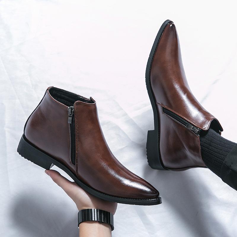 Foreign trade large size men's pointed high-top leather shoes Chelsea boots Zhongbang Martin boots Brock fashion casual leather boots