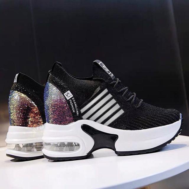 New Ladies Sneakers Spring Sequin Casual Women's Platform High Heels Wedge Heel Heightening Knitted Ladies Vulcanized Shoes