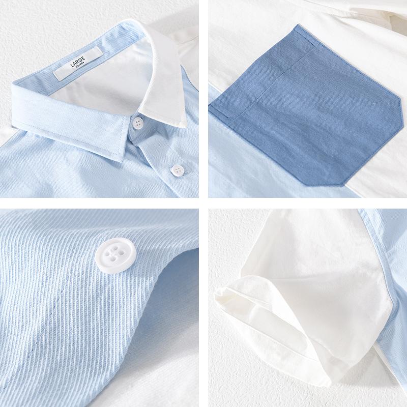 Summer Shirts for Men Youth Streetwear Casual Men Tops Pure Cotton Short Sleeve Shirt Korean New Fashion Stitching Shirt with Pocket