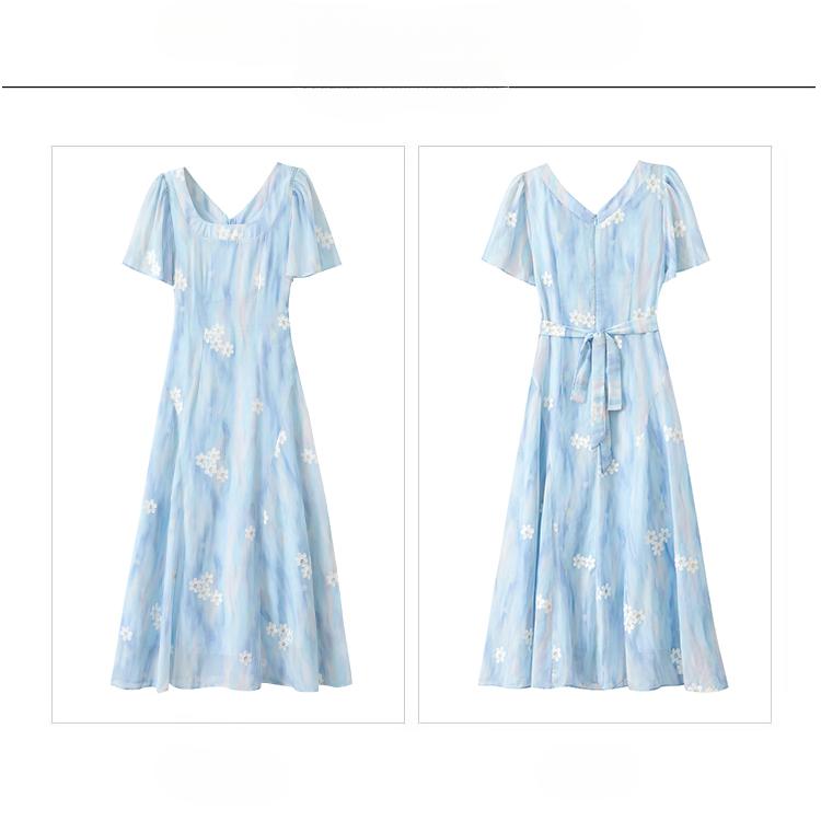 French Blue Embroidered Floral Dress Women Summer Vintage Waist Tie Floral Dress