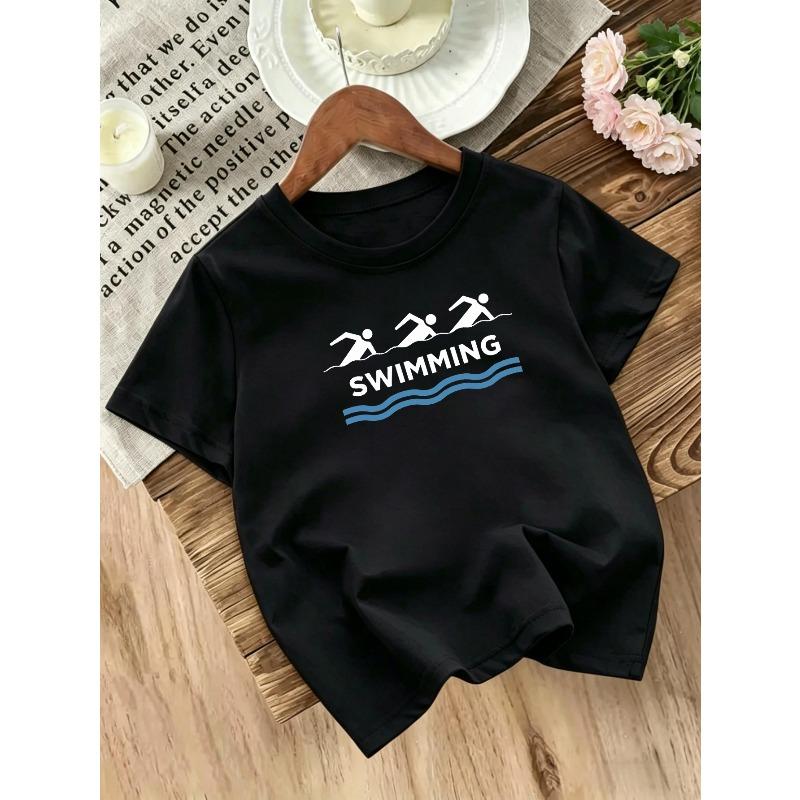 European Sizes Swimming Theme Short Sleeve T-Shirt, Unisex Kids Summer Sports Casual Top, Cartoon Swimming Pattern Round Neck Breathable