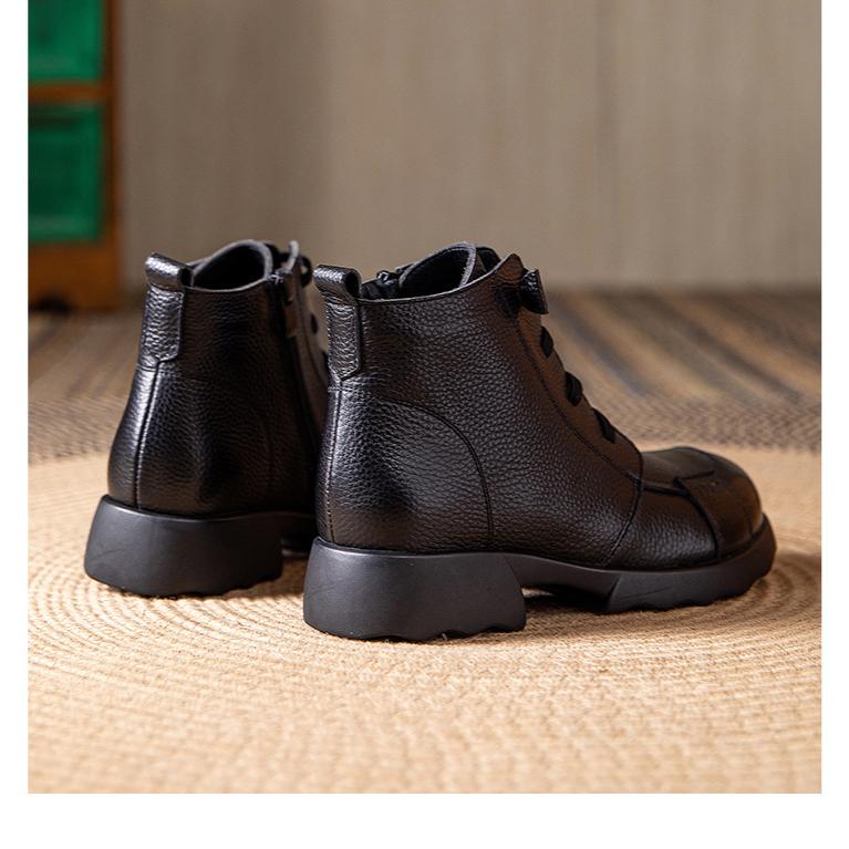 Johnature Genuine Leather Warm Round Toe Soft Soled Short Boots Low Heel Non Slip Casual Women's Shoes