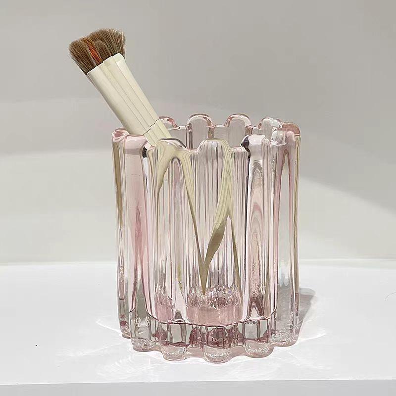 Wave Edge Stripe Makeup Brush Bucket Eyebrow Pencil Holder Simple Glass Ornament Desktop Storage Container