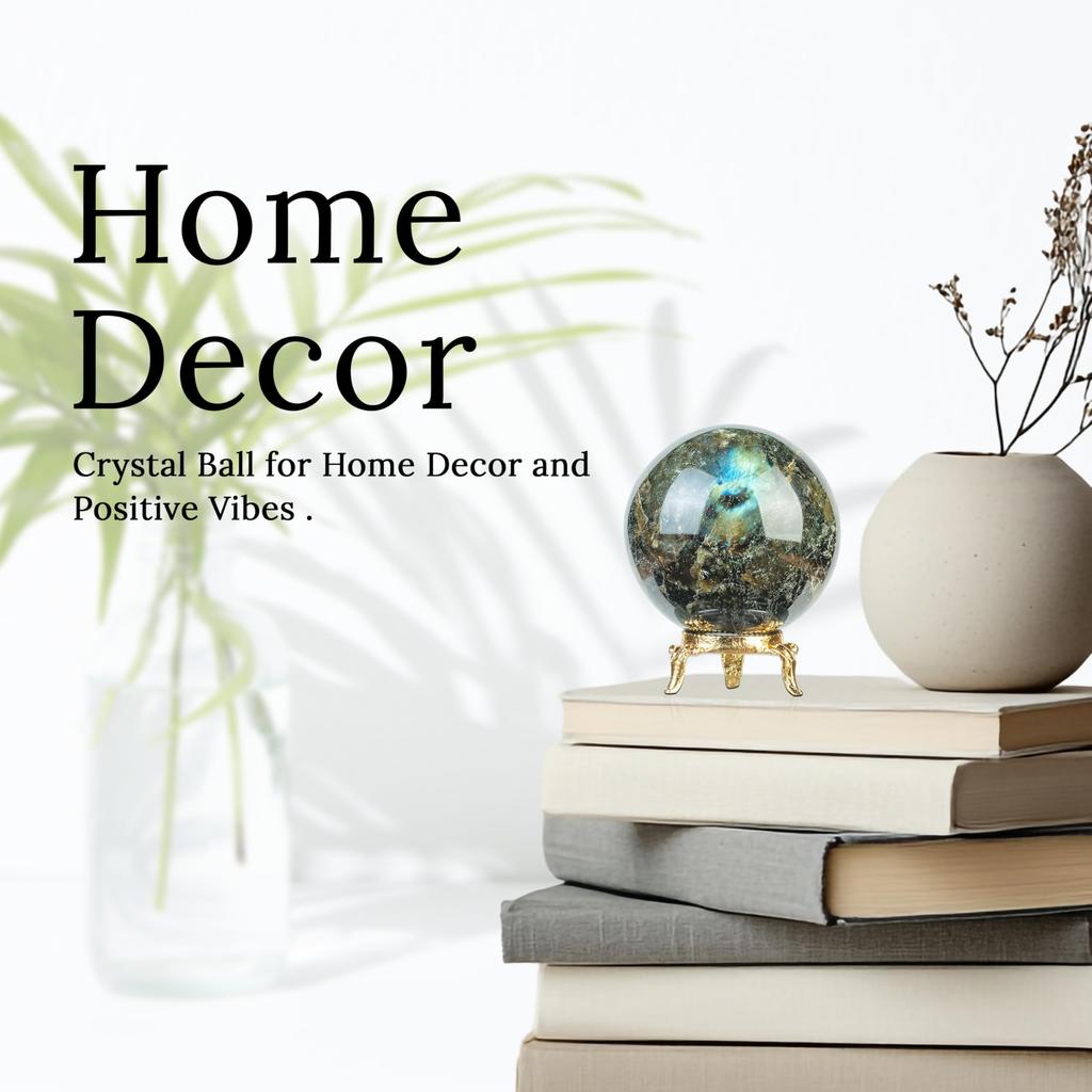 Crocon Labradorite Crystal Sphere with Metal Stand Gemstone Sphere Healing Ball Sculpture Feng Shui Divination Figurine Home Decor Size: 45-55 Mm