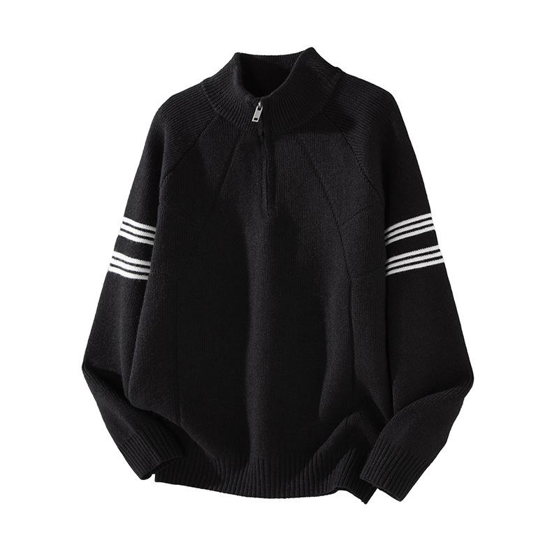 

Mu Yuan Men s Winter Stand Collar Striped Knitwear Jacket - American Style Trendy Zip-Up Sweater XL (140-160 kg)