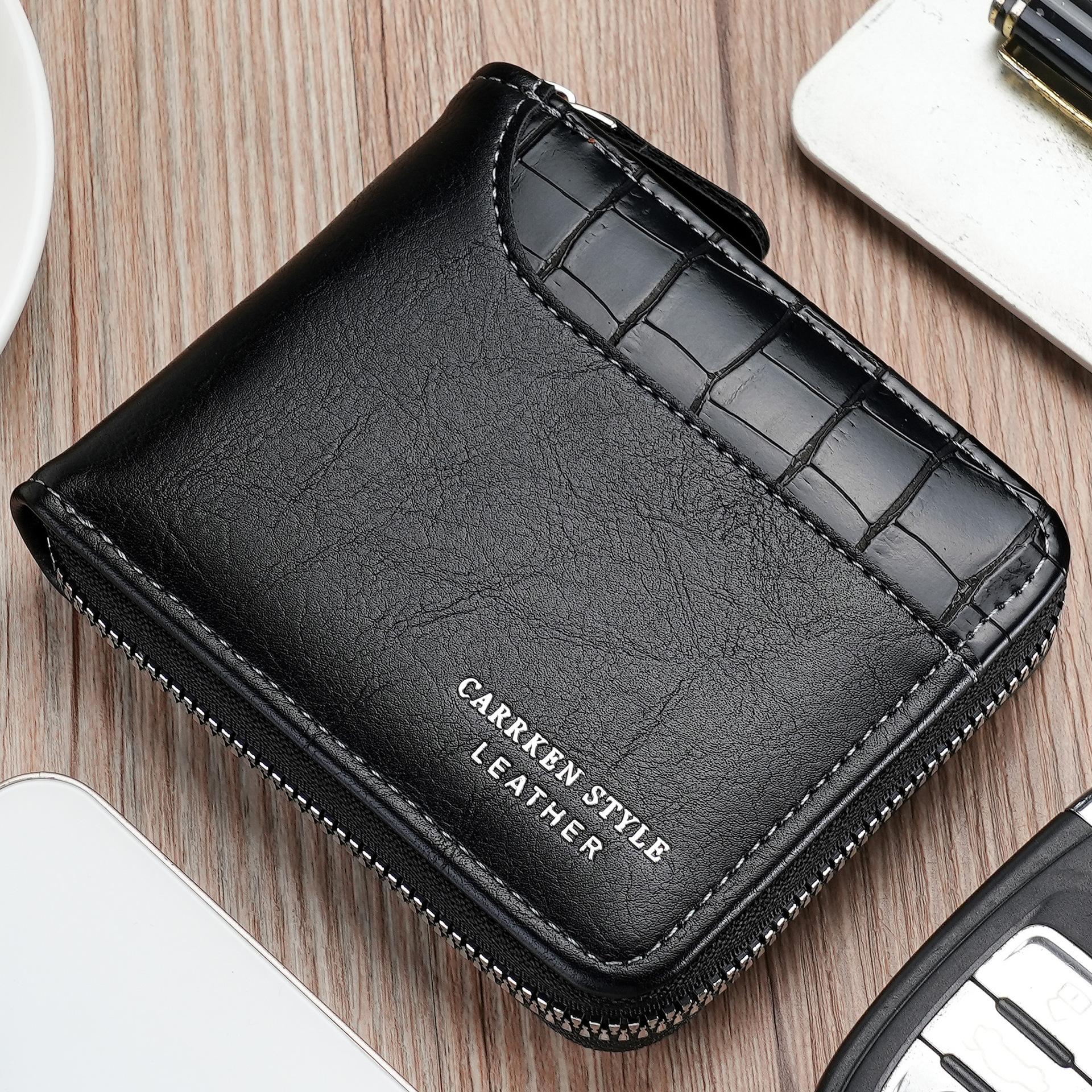 European and American Men s Short Wallet Splicing Stone Pattern Large-capacity Three-fold Bag Zipper Change Bag Multi-card Wallet Tide чёрный