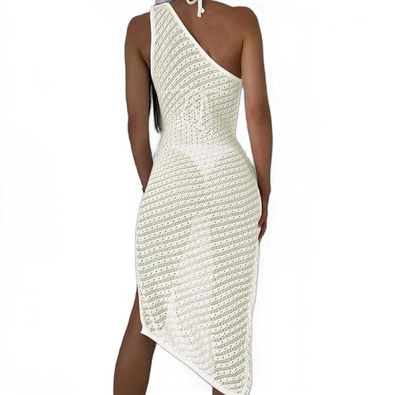 IHUASU Fashion Mesh Sexy Hollow Out Knit Sweater Women Summer Swimming Surf Outer Slant Neck Long Skirt