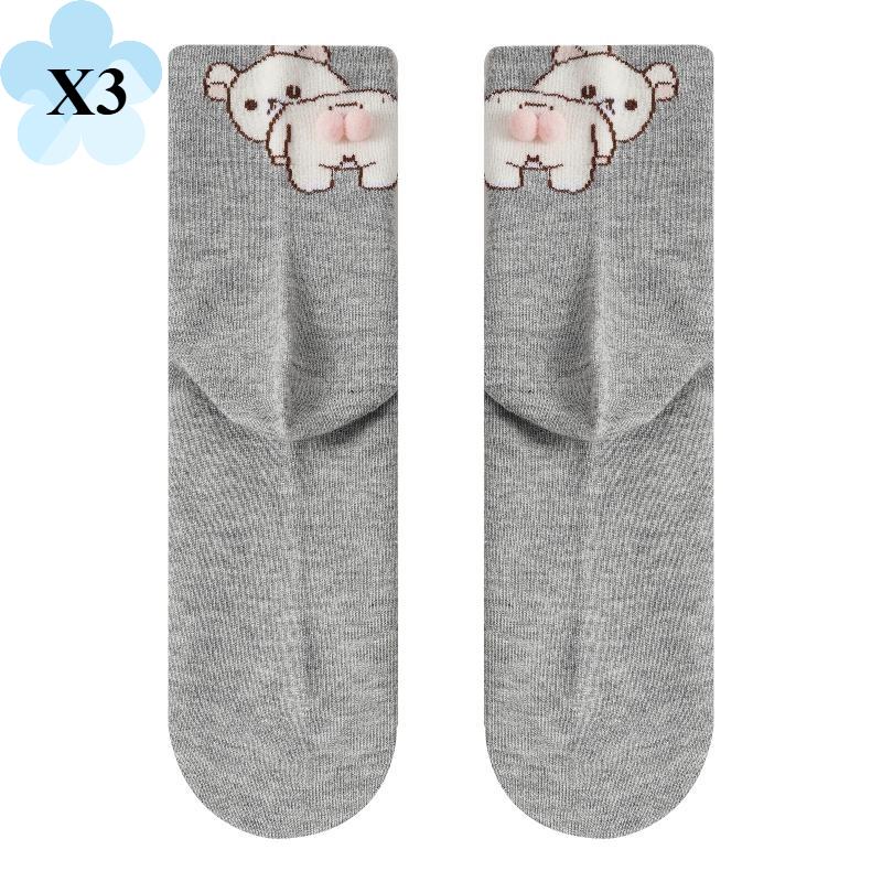 

3 пары женских носков с 3D-рисунком в виде мультяшного медведя, женские оригинальные носки, для весны, осени и зимы 3 Pairs серый