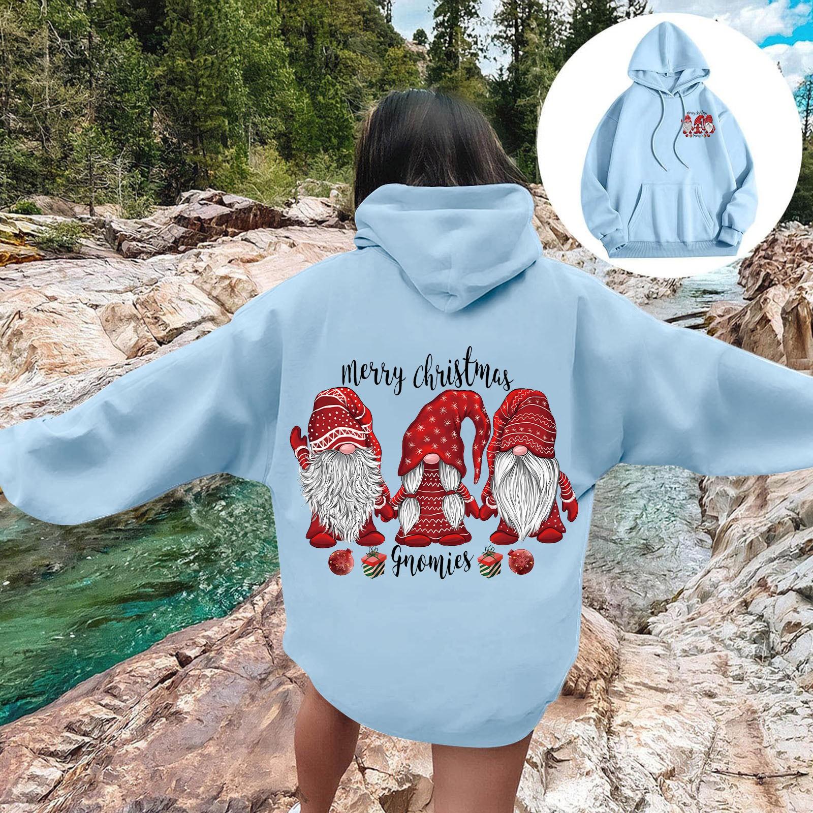 

Женская мода повседневный свободный рождественский мелкий принт топ с капюшоном на шнурке L синий