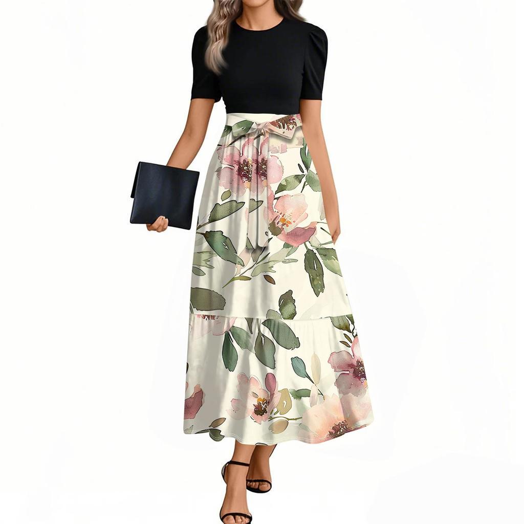 Rochie Casual Elegantă de Damă cu Mânecă Scurtă, Gât Rotund, Imprimeu Floral, Cu Centură și Aplicații