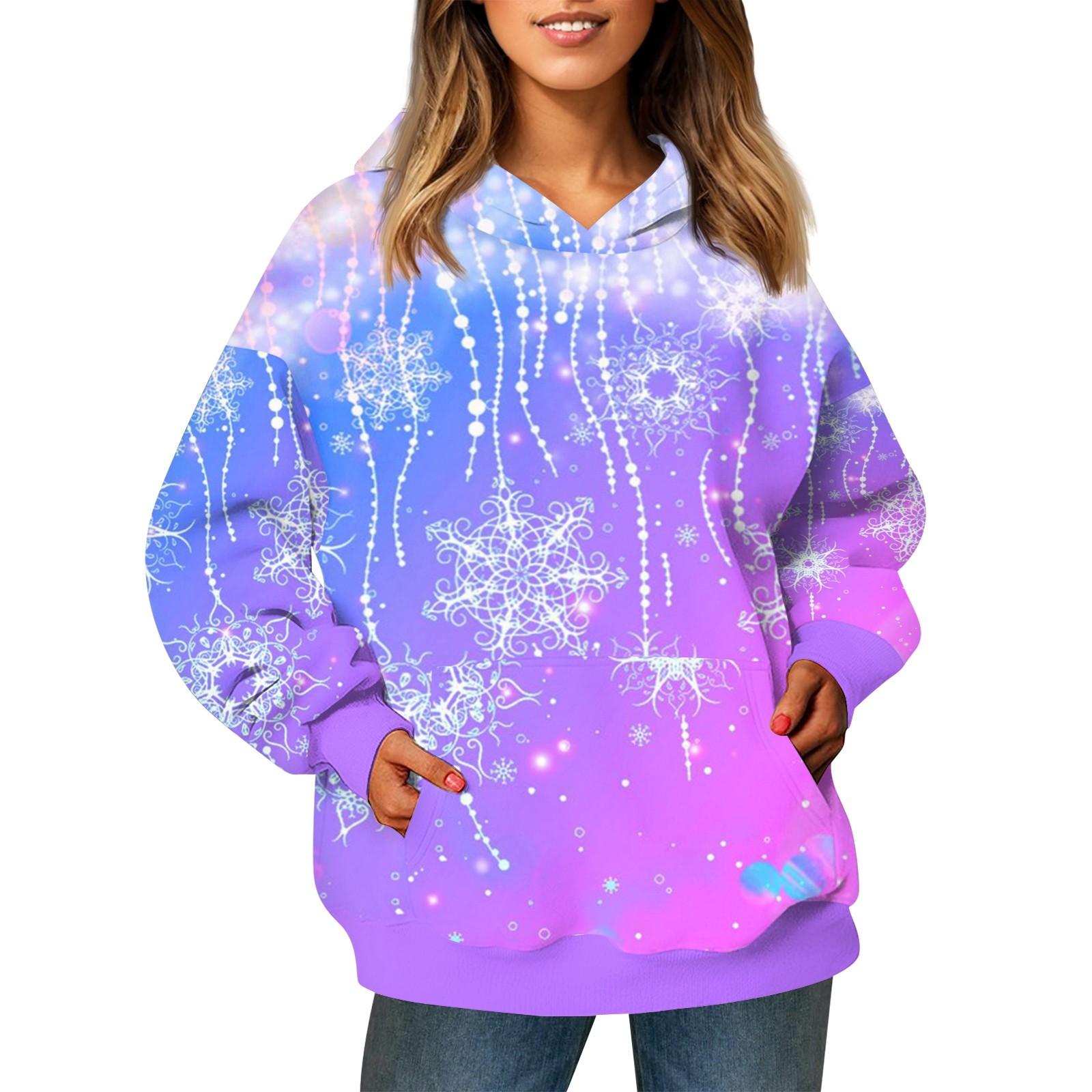 

Женский модный свитер с длинными рукавами и рождественским принтом, с капюшоном и карманом XL светло-фиолетовый