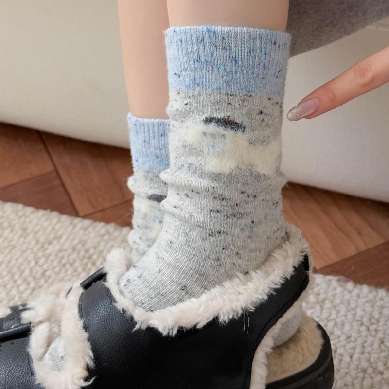 Gray-Blue Wool Socks Children'S Warm Ideas Yarn Twist Medium Tube Socks Fleece Thickened Winter Confinement Socks