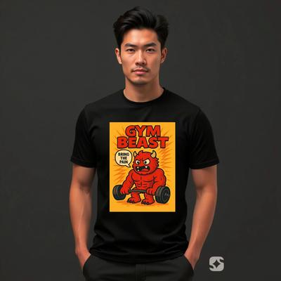 Gym Beast T-Shirt, Cartoon Monster Weightlifting Workout Unisex Tee Top