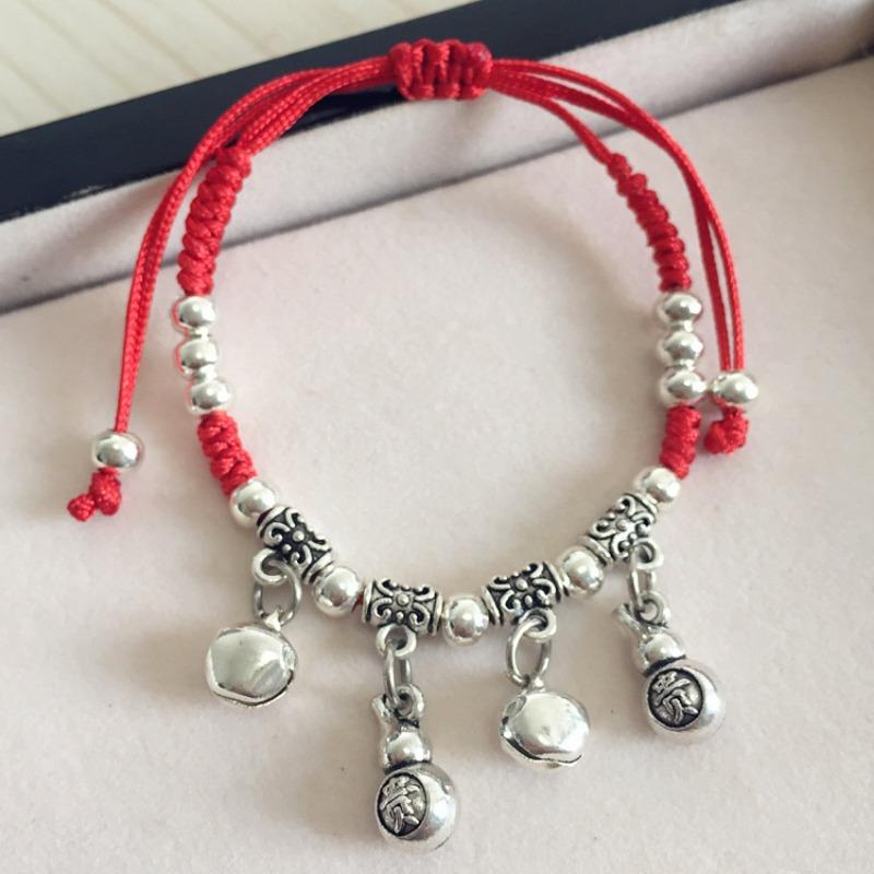 Retro red rope bracelet, small fresh couple bell, long life lock, safe anklet, handmade hidden silver jewelry.
