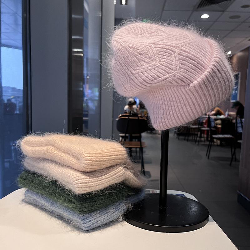 Fashion commuter style men and women warm eversion jacquard thickened wool hat outdoor angora rabbit hair cold hat