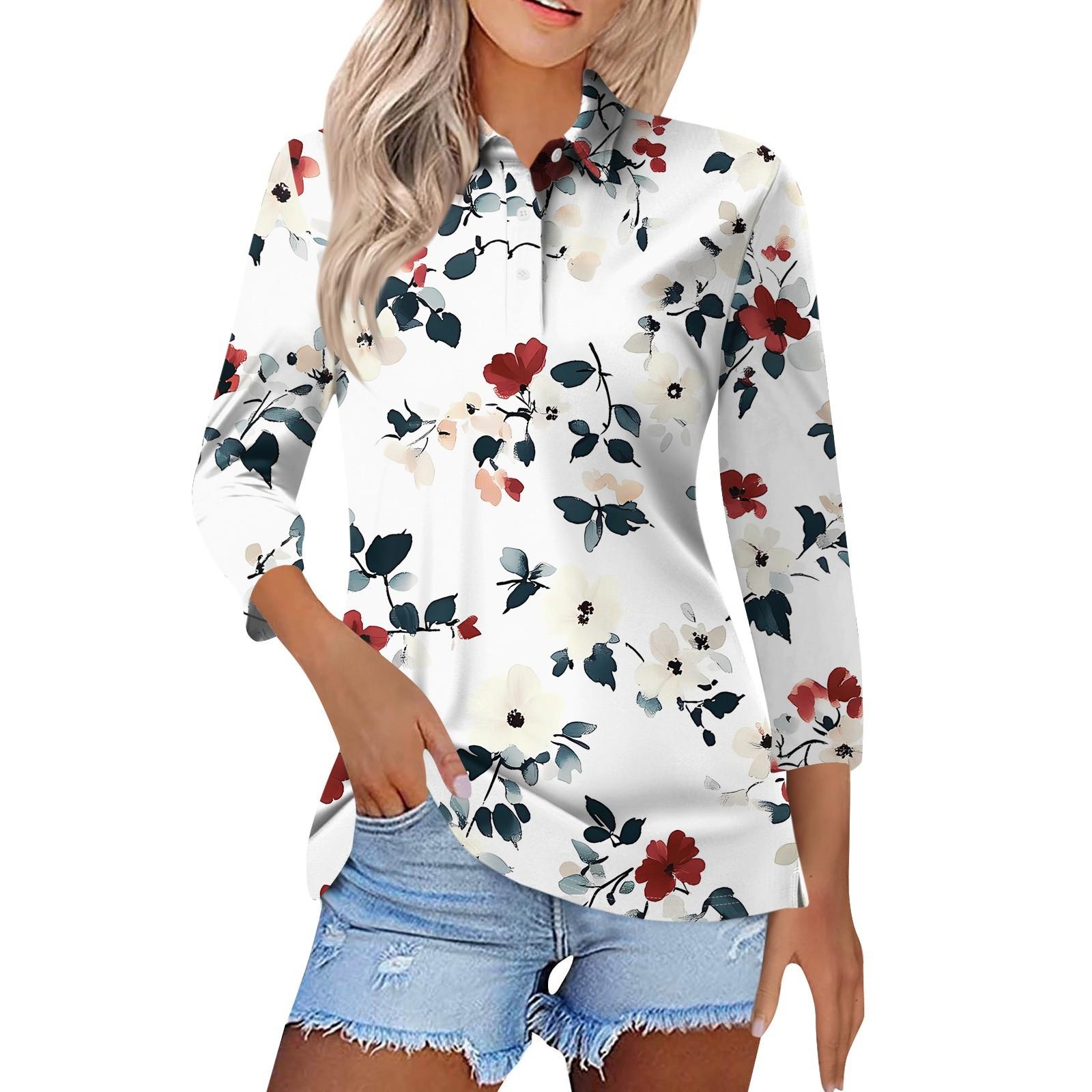 

Женская модная повседневная рубашка с короткими рукавами 3/4 с лацканами и принтом, женские топы на пуговицах XL белый