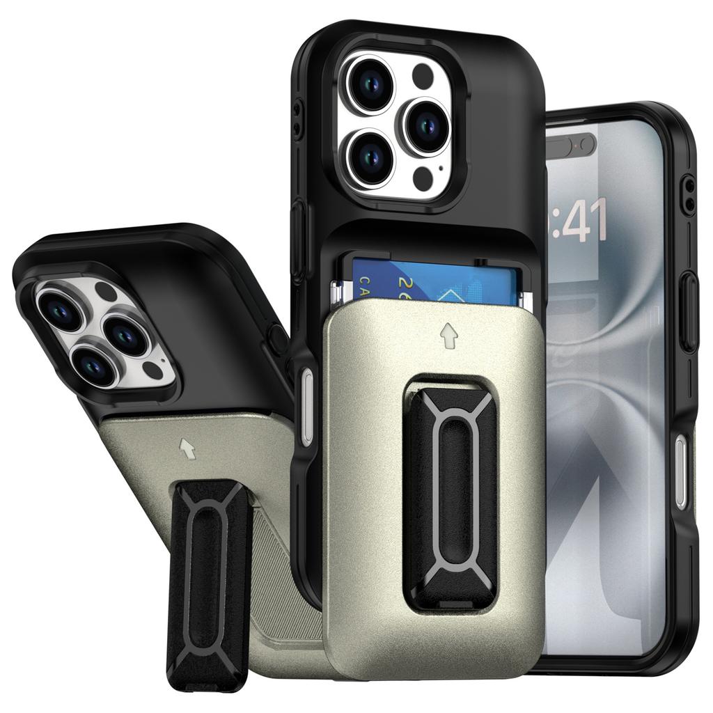 For iPhone 16 Pro Case Card Holder Kickstand TPU+PC Shockproof Phone Cover