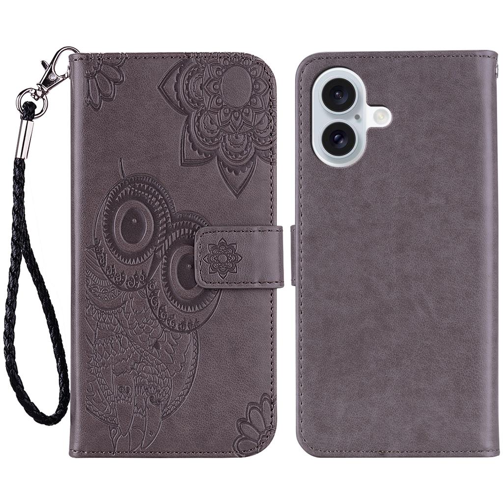For iPhone 16 Plus Case Owl Flower Imprinted Leather Cover Wallet with Strap