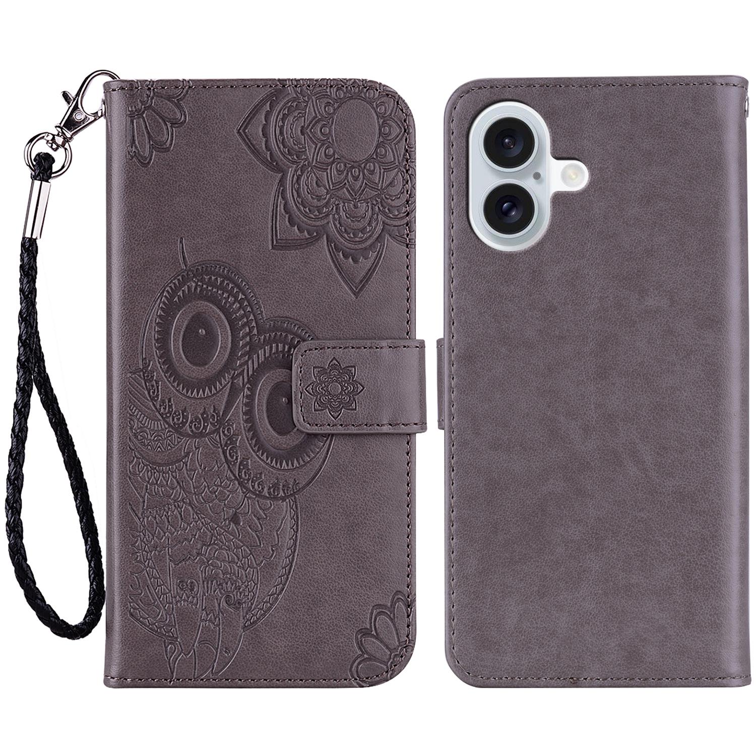 

For iPhone 16 Case Owl Flower Imprinted Leather Cover Wallet with Strap