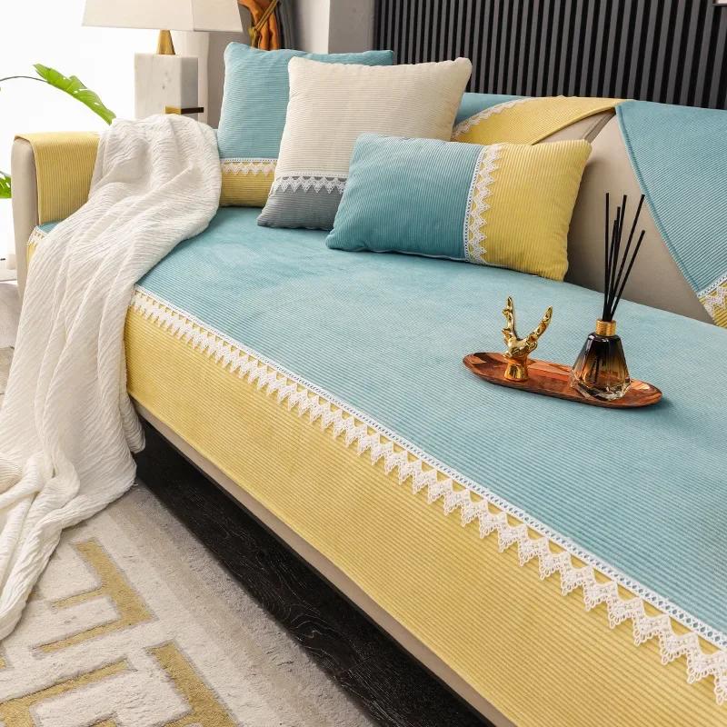 Modern Plush Sofa Cover Double Color Yellow Wide Edge Sofa Towel Pets Kid Mat Sofa Protector Slipcovers Removable Couch Blanket