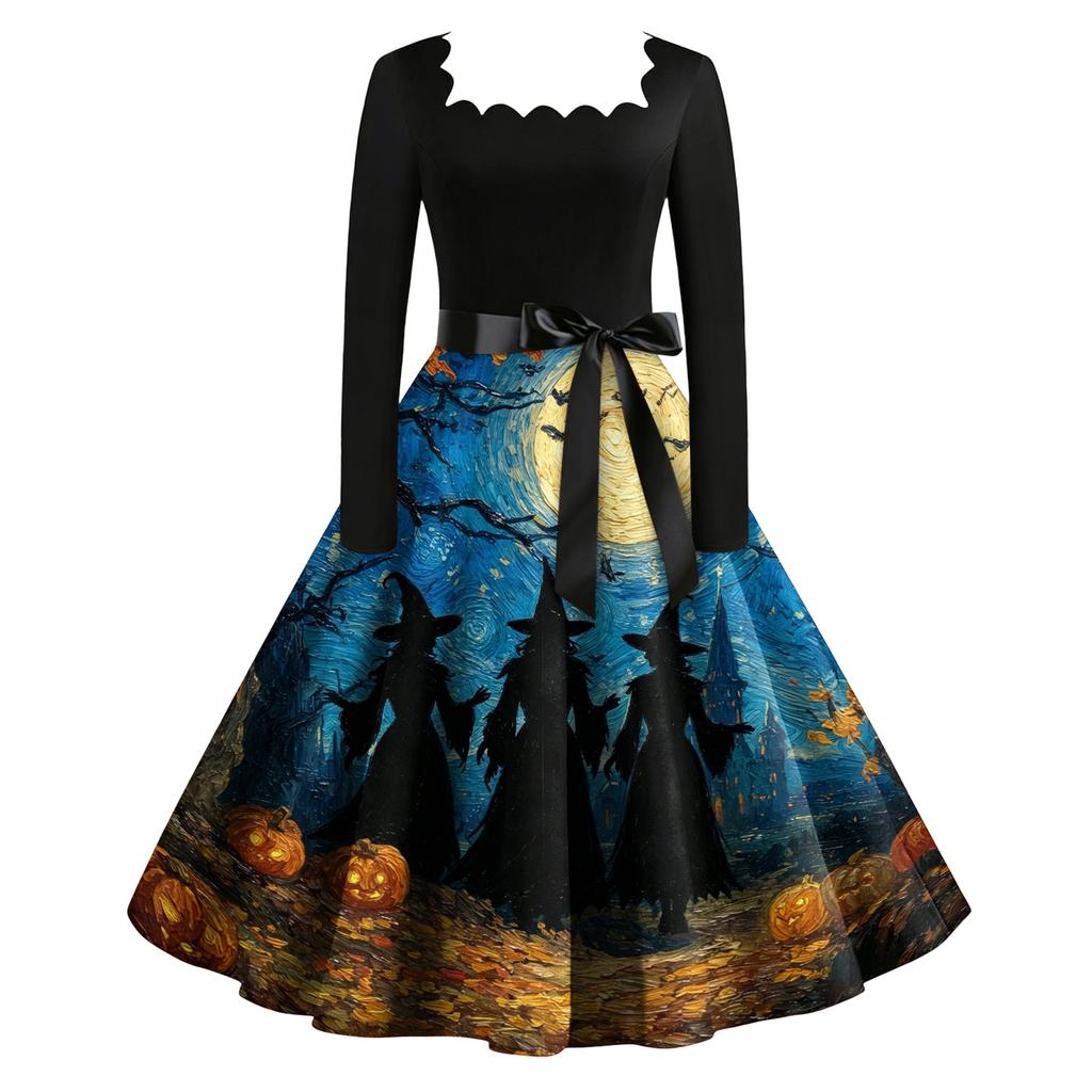 Women's Vintage Long Sleeve Square Neck Halloween Print Party Dress Midi Length Fit and Flare Style with Waist Tie Belt
