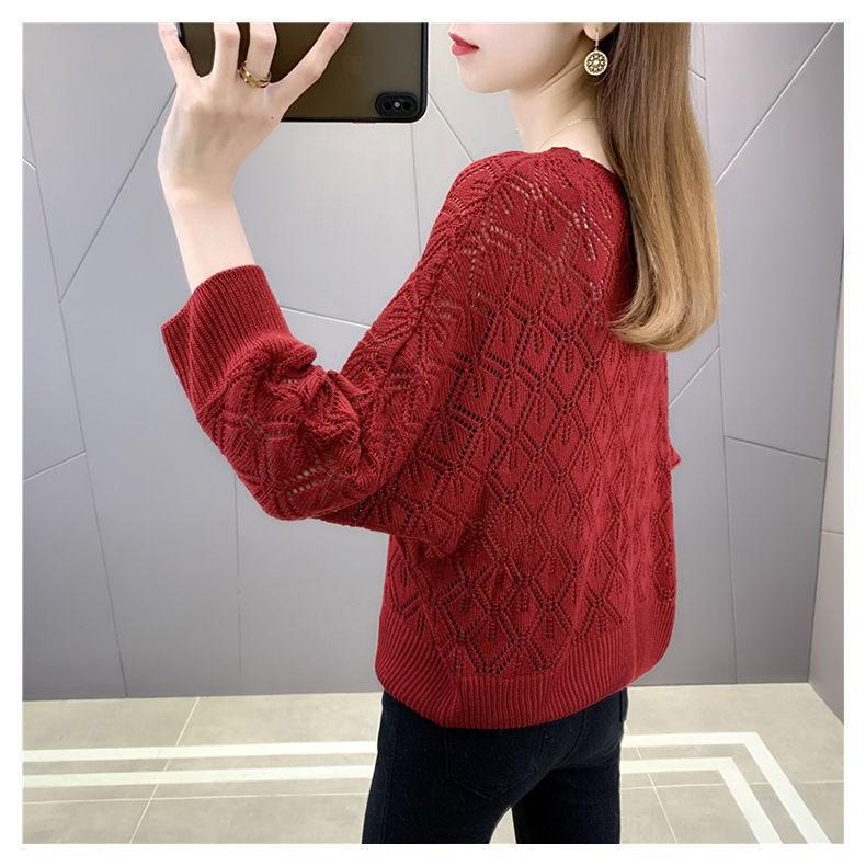 Women's's Thin Spring Loose Bat Shirt Short Top V-neck Hook Flower Hollow Knitted Sweate Crocheted Hollow Knitted Three-quarter Sleeve Blouse