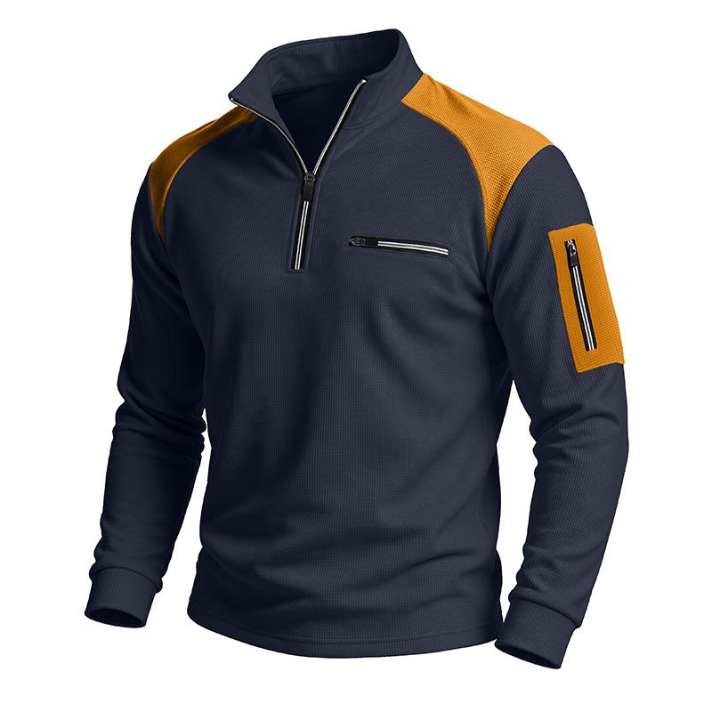 Men Waffle Knit Sweatshirt Quarter Zip Stand Collar Pullover Color Block Long Sleeve Tops Casual Streetwear Hoodie