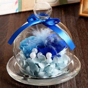 Teatsite Preserved Flower Arrangement, Pre-Wrapped, Glass Pot, 2 Flowers (5 Blue Roses)