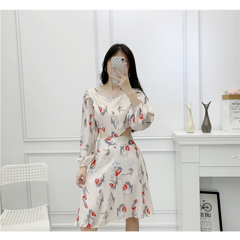 

New Fall Women s Clothing Fresh Vacation Style Print round Neck Pullover Long Sleeves Sexy Waist Hollow-out Exposed Back Shoelace Dress Print S