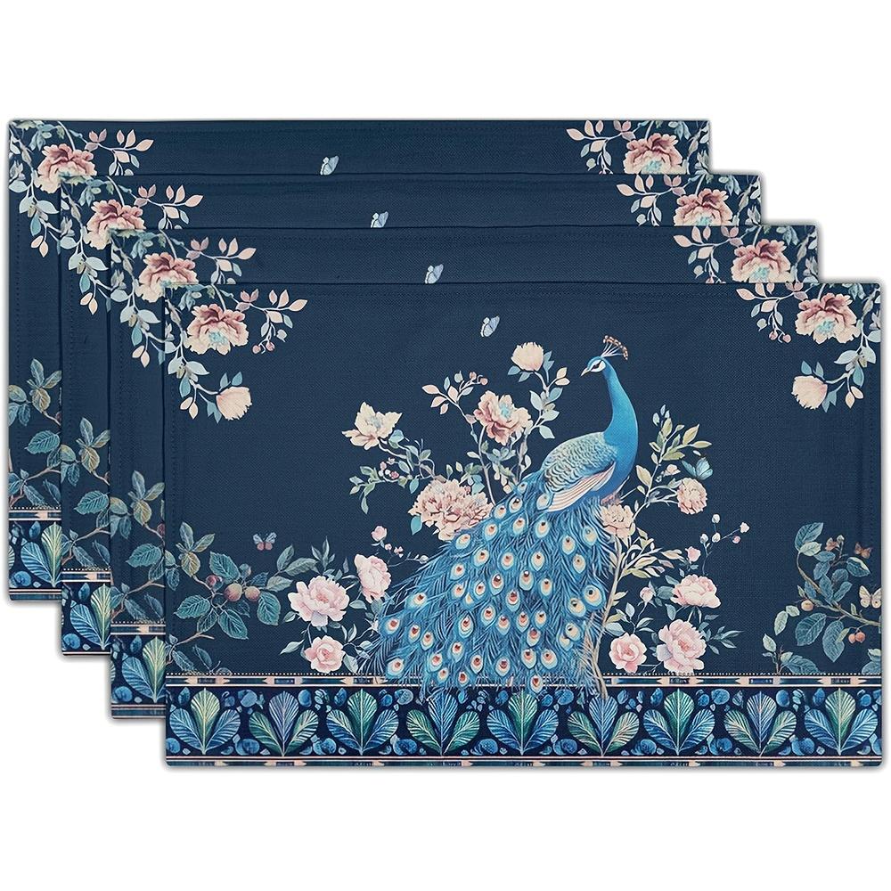 

PeaRooster Floral Placemats Set of 4 Navy Blue Feather Decor Table Mats Washable Place Mats Heat Resistant for Holiday Party 30x45cm-4PC