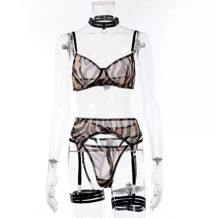 Zebra Pattern Mesh Lingerie - Sexy Three-Piece Set Available Now