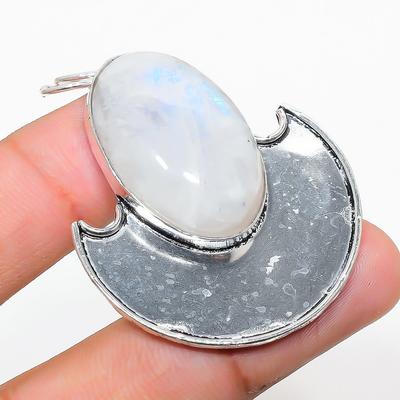 Natural Rainbow Moonstone Gemstone 925 Sterling Silver Pendant 2.05" y9G41