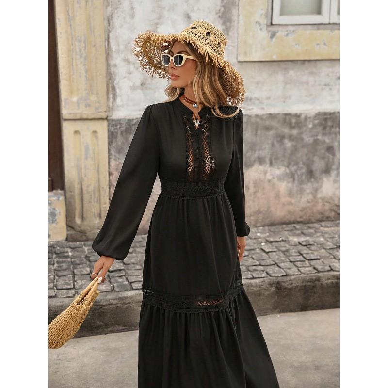 Minimalist Solid Color Long Sleeve A-Line Dress With Lace Trim High Waist Everyday Wear