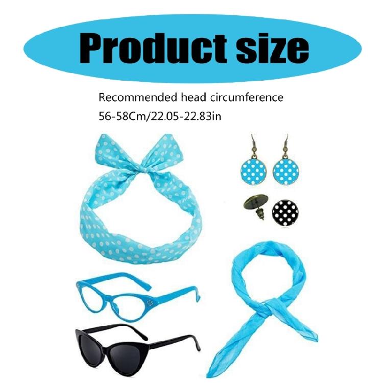 Woman Polkas Dot Earrings Scarf Headband Cats Eye Glasses 50's Costume Accessories Set for Party