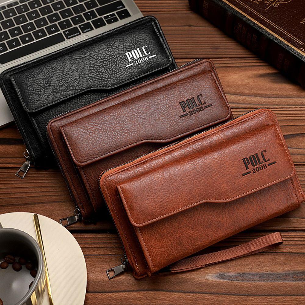 Leather 2 Fold Purse Large Capacity Men's Hand Bag Casual Men's Long Wallet  Outdoor