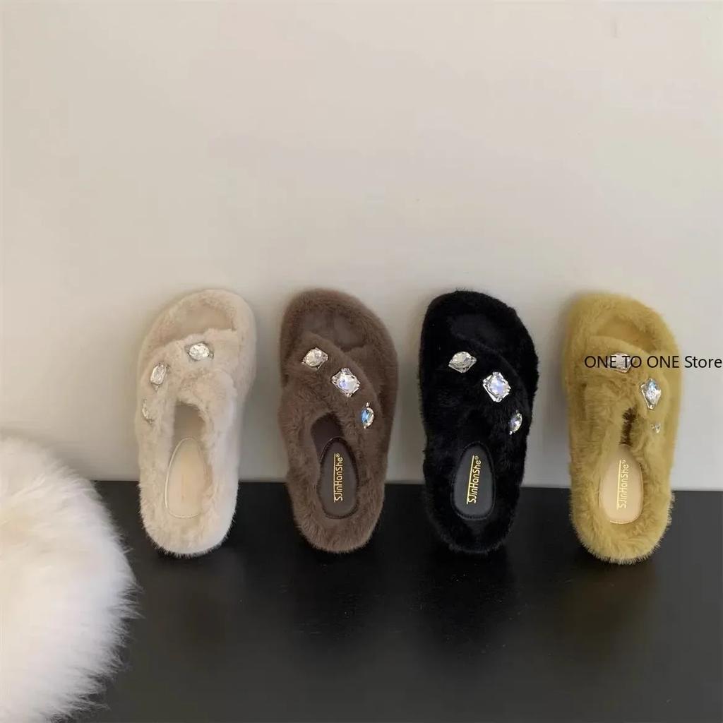 Fashion 2025 Home Woman's Slippers Slides Jelly Flip Flops Fur Sliders Fashion Platform 2024 Glitter Plush Luxury Crystal Glitter Slides