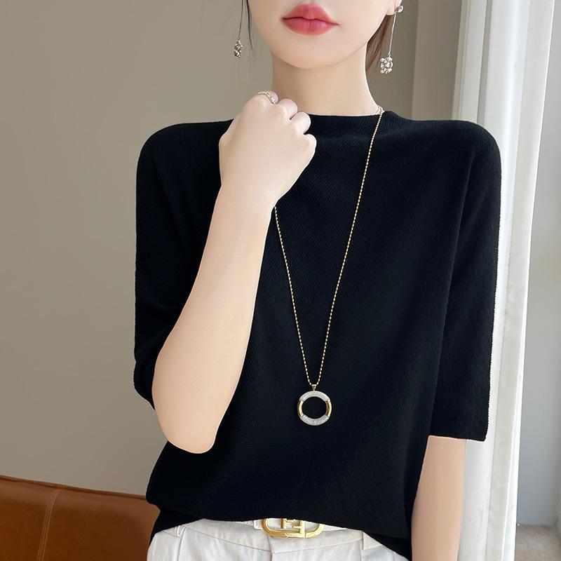 Summer New Half-neck Knitted T-shirt for Women, Loose and Comfortable, Versatile, Short-sleeved Summer Five-inch Sleeve Top