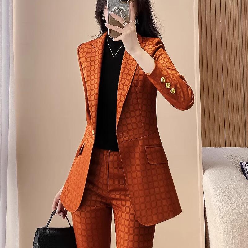 Teluoman Women's 2024 Plaid Blazer & Trousers Set
