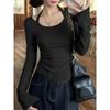 Sexy and Versatile Spring and Autumn Temperament Hanging Neck Collar Long Sleeved Top with Irregular Hem Spicy Girl T-shirt