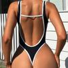 Women's Black Contrast Trim High Cut One Piece Swimsuit, U-Neck Monokini