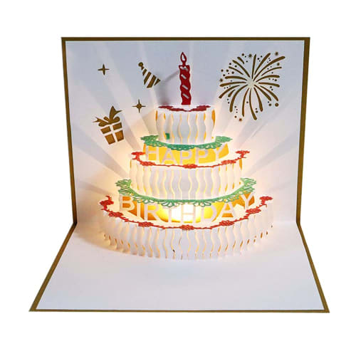 Cake Birthday Card Melody Card with Light 3D 3D Birthday Card Pop-up Card Greeting Card Message Card Birthday Celebration Envelope Included (Gold B)