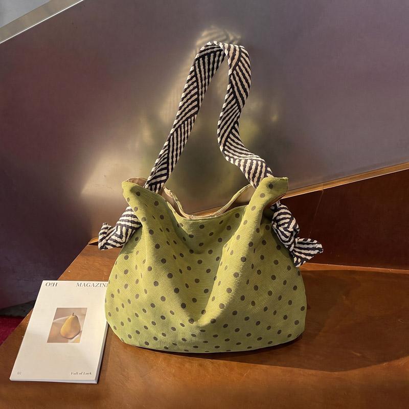 Polka Dot Corduroy Shoulder Bag Casual Hobo Tote with Striped Strap Large Capacity Handbag