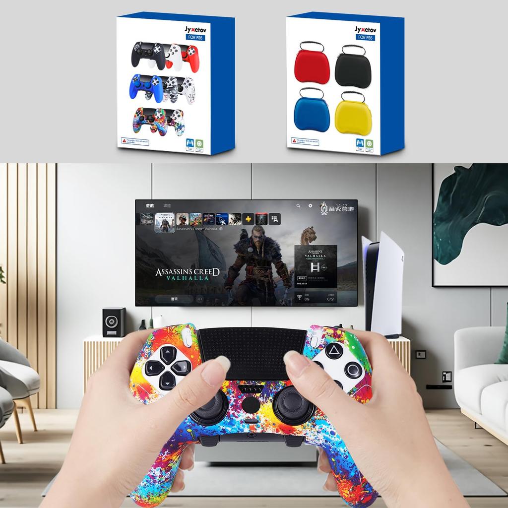 JYXETOV PS5 Edge Controller Ergonomic Silicone Free 8 Button Charges with Original Printing Pattern Cover, Protection, Caps, Charger, Non-Slip Design,