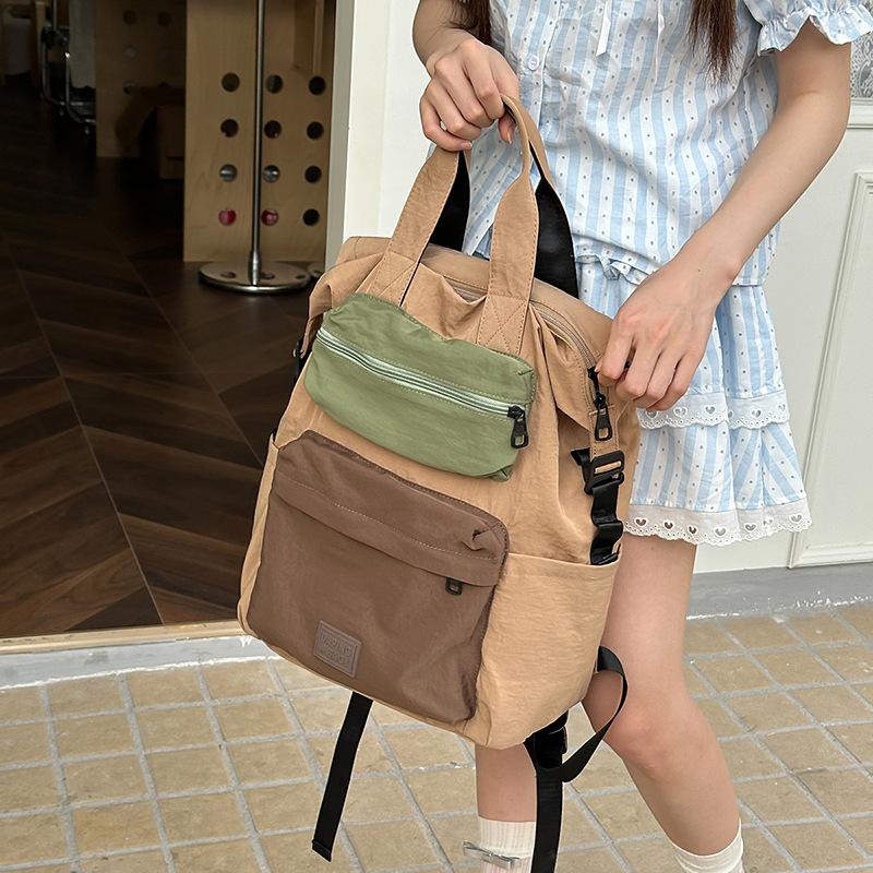 Portable backpack simple contrasting color middle school student backpack velvet square label schoolbag