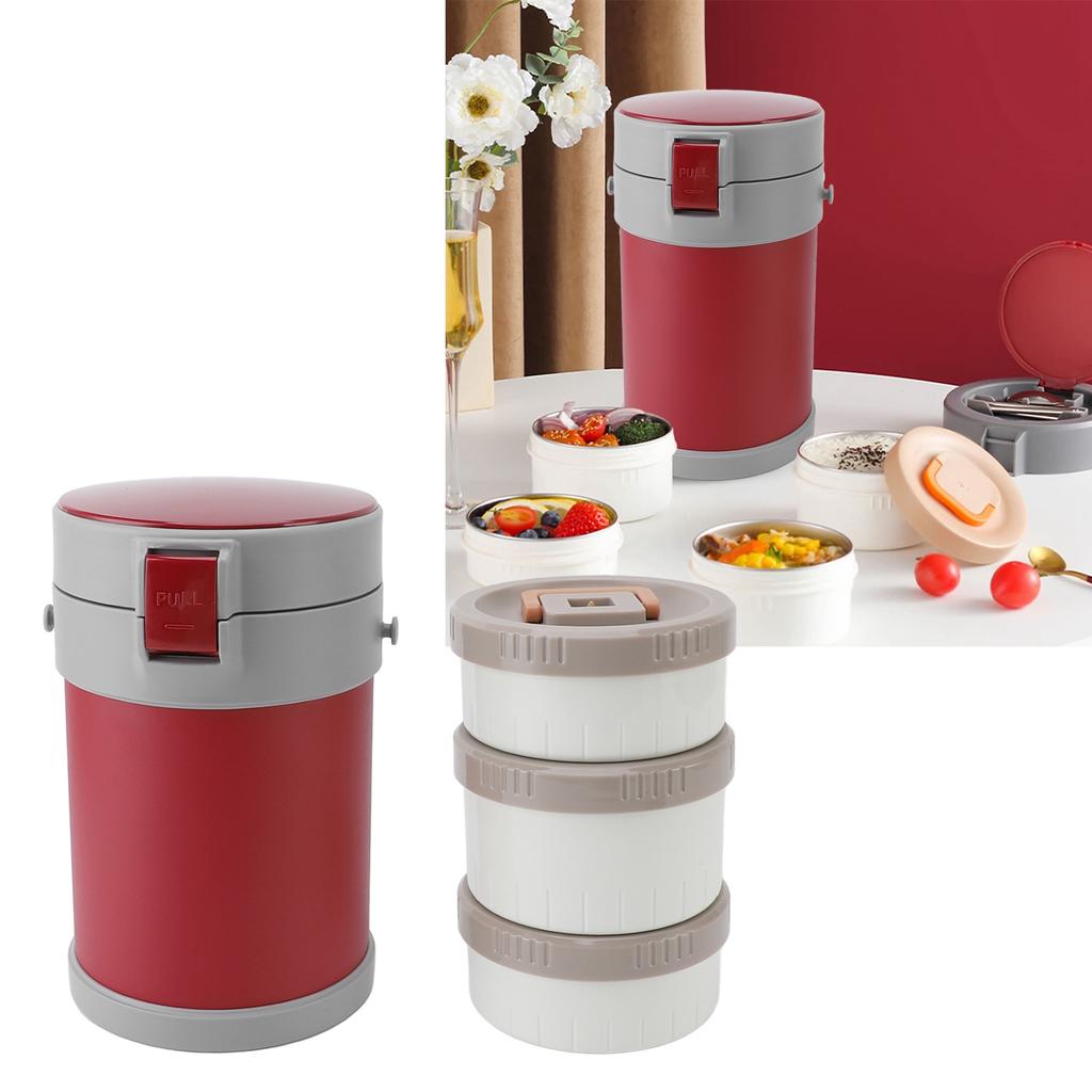 Insulated Food Jar 2L 3 Tier Microwave Safe 304 Stainless Steel Vacuum Lunch Box with Shoulder Strap for School