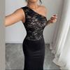 2026 Lace Panel Slim Fit Off-Shoulder Bodycon Maxi Dress Black