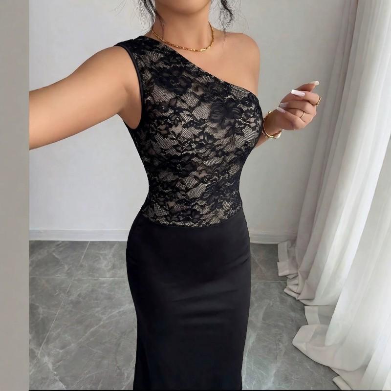2026 Lace Panel Slim Fit Off-Shoulder Bodycon Maxi Dress Black